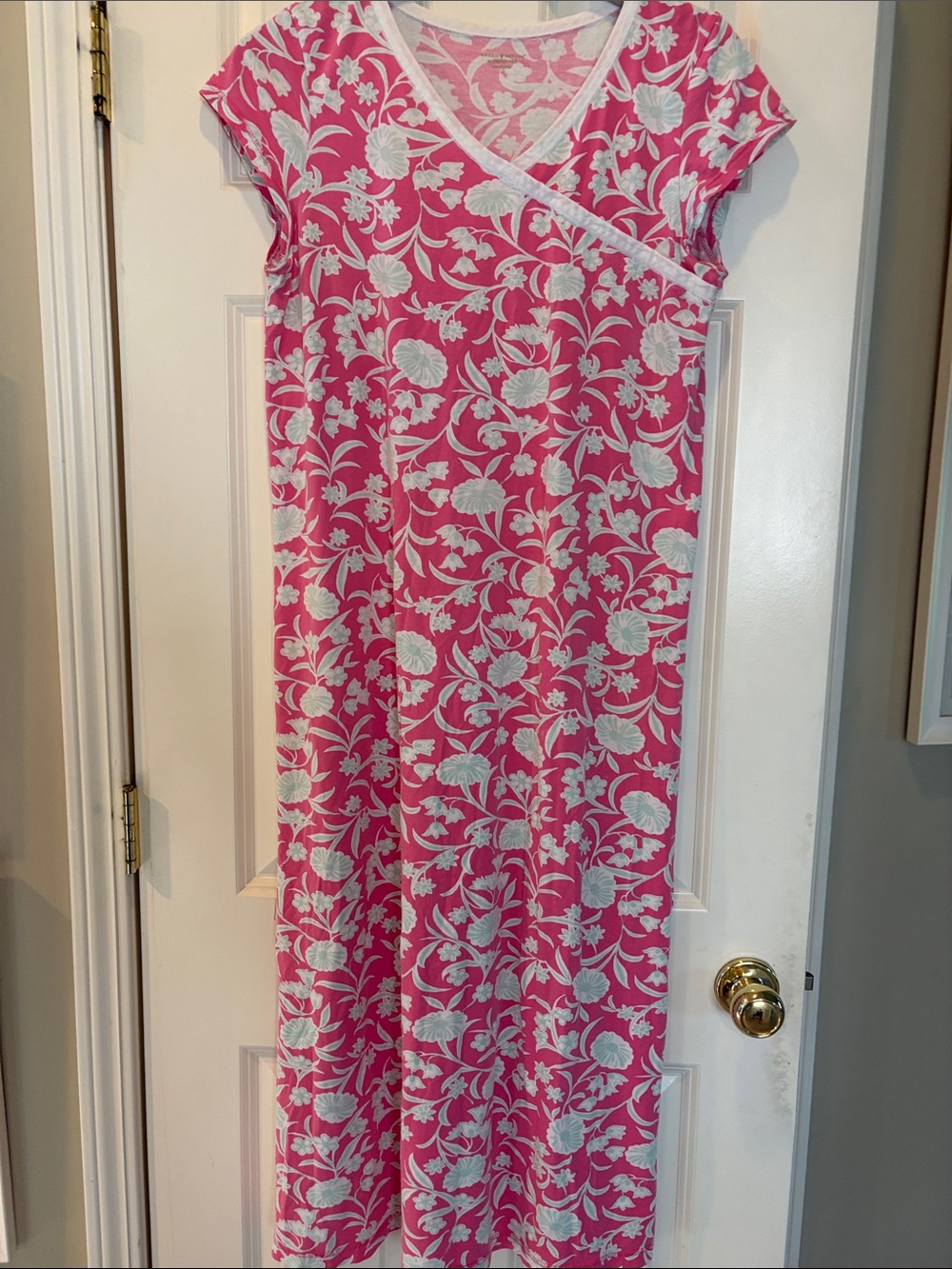 Garnet Hill Asian Wrap Organic Cotton Maxi Floral Short-Sleeve Nightgown